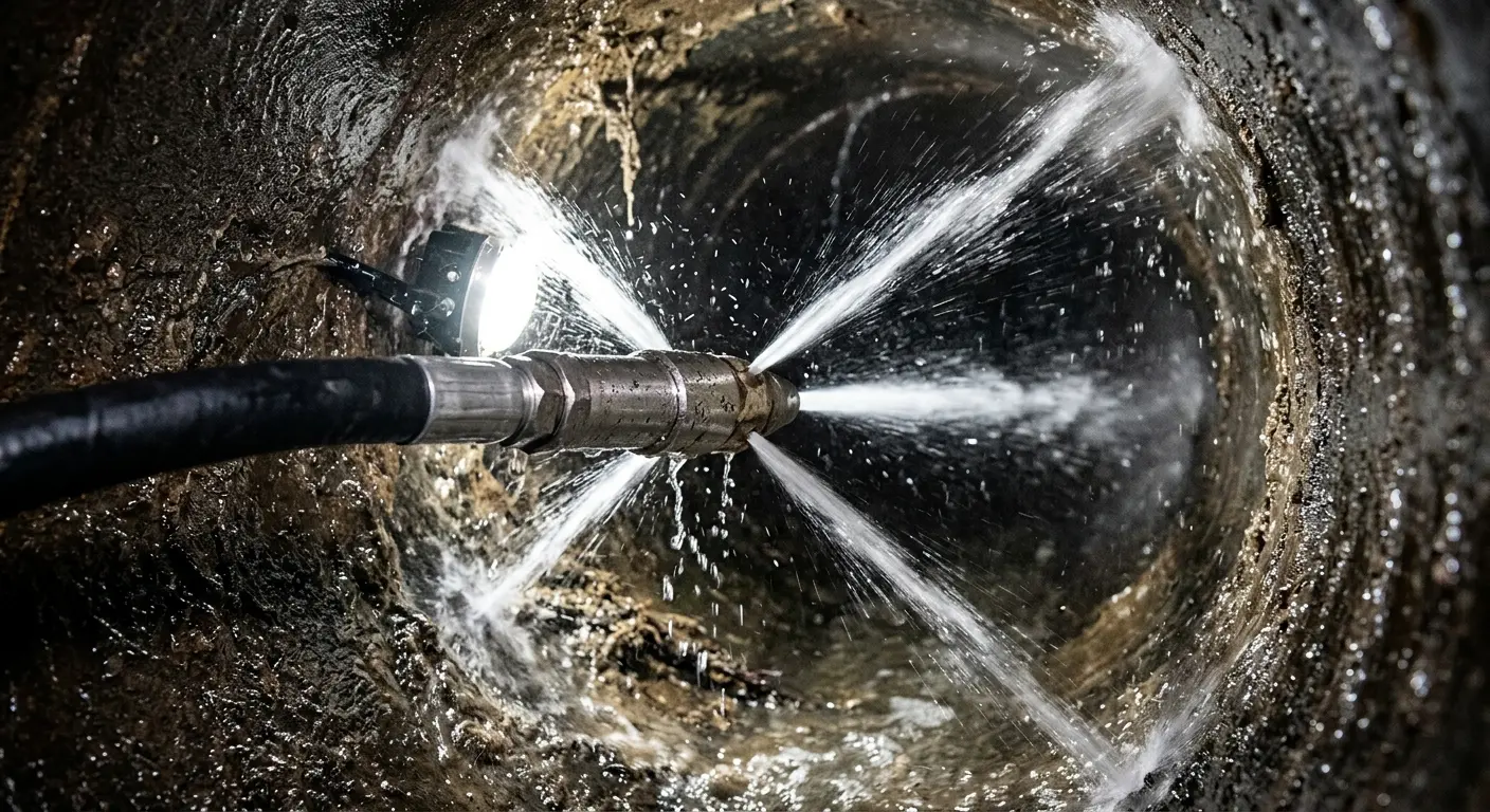 High-pressure hydro jetting nozzle cleaning sewer pipe for Sewer Line Relining in Southgate